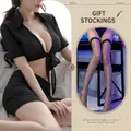 Sexy black secretary office outfit featuring a crop top and skirt with fishnet stockings - One Size / Black Secretary Button + Black Fishnet Stockings