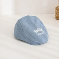 Detail of blue denim beret with white SMILE Again embroidery and clean stitching - Kids 54cm (3-8 Years Old) / Light Blue