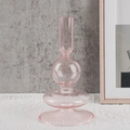 Pink borosilicate glass candlestick holder with unique stacked sphere design - Pink
