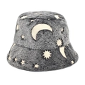 Close-up of grey plush bucket hat featuring white moon and stars embroidered pattern - M (56-58cm) / Gray