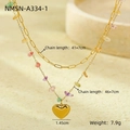 Close-up of double-layered gold heart necklace showing product dimensions and colorful stones - Double Layer Gold Heart With Colored Stones (NMSN-A334-1)