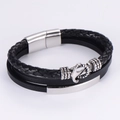 Multilayer black leather bracelet with stainless steel anchor charm and magnetic clasp - Steel Color Magnetic Buckle