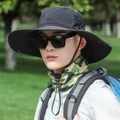 Men's wide brim black sun hat with windproof rope for outdoor fishing and hiking - Black (Triangle Label 12cm)