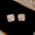 Macro detail of elegant pink enamel earrings with tiny pearls and gold floral patterns - Square Window Style / Real Gold Plated Pink