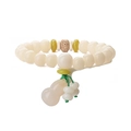 Detailed view of white Bodhi root beads with a pink jade gourd pendant on green cord - White Jade Bodhi + Gourd