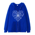 Navy blue zip-up hoodie featuring a white heart spider web print on white background - Royal Blue (Spider Web Heart)