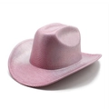Pink and silver striped glitter cowboy hat with wide brim for party and festival costumes - M (56-58cm) / Rose Red
