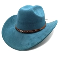 Detail of teal felt cowboy hat featuring brown leather band with silver star and round studs - M (56-58cm) / Lake Blue