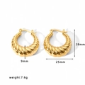 Detail view of 18k gold plated stainless steel twisted hoop earrings with size dimensions - Gold Twisted Style (EKRH1)