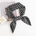 Elegant black and white silk square scarf with geometric G-pattern for neck styling - Black Geometric Pattern