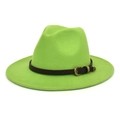 Detail of neon green wool felt fedora with a brown leather belt and gold buckle - M (56-58cm) / Fruit Green