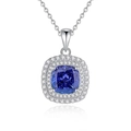 S925 sterling silver necklace featuring a square blue tanzanite pendant with double diamond halo - FDDZ-030-Square-Blue (Cross Chain)