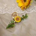 Floral hair claw clip with embroidered sunflower and green leaves on gold alloy - Flower Vine Sunflower