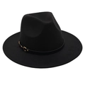 Close-up of black wool felt fedora featuring a leather band with gold metal buckle detail - One Size / Black (Single Band)