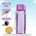 500ML purple transparent square plastic water bottle with carry strap and PURE WATER print - 500ml / Purple