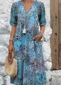 Robe longue fleurie bleue à col en V et manches courtes avec dentelle pour les vacances - S / Robes / Bleu
