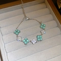Silver four-leaf clover bracelet featuring green opal stones and clear cubic zirconia charms - 35# Bracelet - Silver - Green