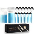 24-piece stainless steel cutlery set with blue handles and silver finish in black box - 24-Piece Set / Blue Silver