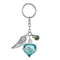 Silver heart urn keychain with blue crystal, angel wing, and engraved memorial message - Lake Blue