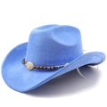 Close-up of blue faux suede cowboy hat with ethnic beaded band and shell details - Deep Sky Blue