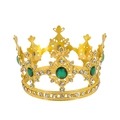 Detail of a golden crown featuring green and clear gems for cake decoration and parties - 8-Point Diamond Crown / Gold + Green Gemstone
