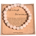 Natural rose quartz stone bead bracelet with rhinestone spacers on inspirational gift card - Rose Quartz Beaded Spacing Style (With Card)