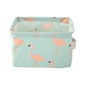 Green linen storage basket with pink flamingo print and white fabric handle - Green Flamingo
