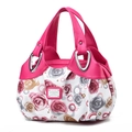 Detail of pink faux leather and rose print canvas tote with silver triangle hardware - Pink Rose Floral (Style 5)