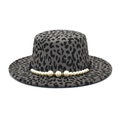 Stylish leopard print wool felt flat top hat with faux pearl decorative band for women - M (56-58cm) / Gray