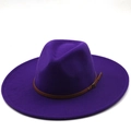 Classic wide-brim wool fedora hat in deep purple with a brown leather decorative band - Purple
