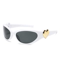 Y2K white oval sunglasses with dark grey lenses and 3D golden heart on the temple - Solid White Frame Gray Lens