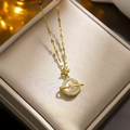 Golden planet necklace with white shell inlay and star pendant on sequin chain link - 21#xl1900-8 Cat's Eye Stone Planet