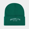 Detail of dark green knit beanie featuring white Brooklyn EST 1631 embroidery - Malachite green