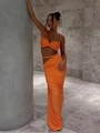 Zweiteiler in Orange mit Crop-Top und Maxirock mit Seitenschlitz im eleganten Urlaubsstil - S / Orange