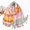 Ethnic bohemian print scarf with colorful floral patterns and orange tassels on white background - Colorful Ethnic Floral (XS010-1#)
