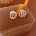 Detailed close-up of square purple gemstone earrings with crystal accents on velvet - Square Purple Zirconia Spiral Style / Silver Earring Post - Gold - Purple