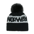 Close-up of Norway jacquard knit pattern and ribbed cuff on winter beanie hat - M (56-58cm) / Black