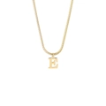 Detail of 18K gold letter E pendant on a minimalist flat snake chain necklace - Style E