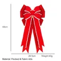 Large red flocked burlap Christmas bow with white trim and gold bell for tree decoration - Style B-Red Printed Flocking