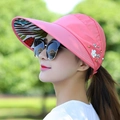 Women's rose pink wide brim sun hat with floral pearl accents and tropical leaf print - Pearl Leaf Style / Watermelon red