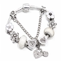 Silver petal heart charm bracelet with snake chain and delicate white enamel flowers - Floral Garden Theme (L010)