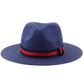 Cappello fedora in paglia blu navy per uomo e donna con nastro a righe decorative - M (56-58cm) / Blu navy