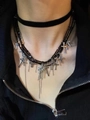 Black beaded leather collar with multi-layer metal chains and silver cross pendants - Dark Cross Versatile Necklace