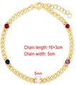 Detail of a gold Cuban link bracelet featuring colorful gemstones and 16+3cm chain dimensions - B2033-Gold Multicolor Round Gemstone Bracelet