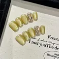 Uñas postizas ojo de gato verde dorado con pedrería y forma cuadrada-ovalada - Extra Pequeño XS (2476) / Verde Oliva Ojo De Gato Con Strass
