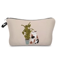 Dettaglio della borsa trucco beige con stampa di gatto e cerniera nera resistente - Stile Gatto Calico e Pianta Beige (hz3560)