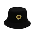 Klassischer schwarzer Fischerhut aus Baumwolle mit gelber Sonnenblumen-Stickerei - M (56-58cm) / Schwarz