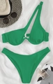 Bright green one-shoulder ribbed bikini set with high-cut bottoms and cutout detail - XS / Green