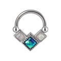 Silver stainless steel septum ring featuring a V-shape inlaid with blue and white opals - 1.2x8mm / Synthetic Opal Nose Ring
