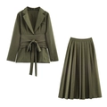 Elegant army green two-piece set featuring belted blazer jacket and pleated midi skirt - S / Blazer And Skirt